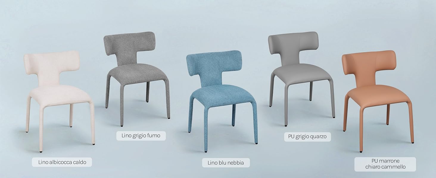Collezione di sedie da pranzo minimaliste in vari colori tra cui bianco, grigio, blu e arancione, mostrate da diverse angolazioni su uno sfondo azzurro.