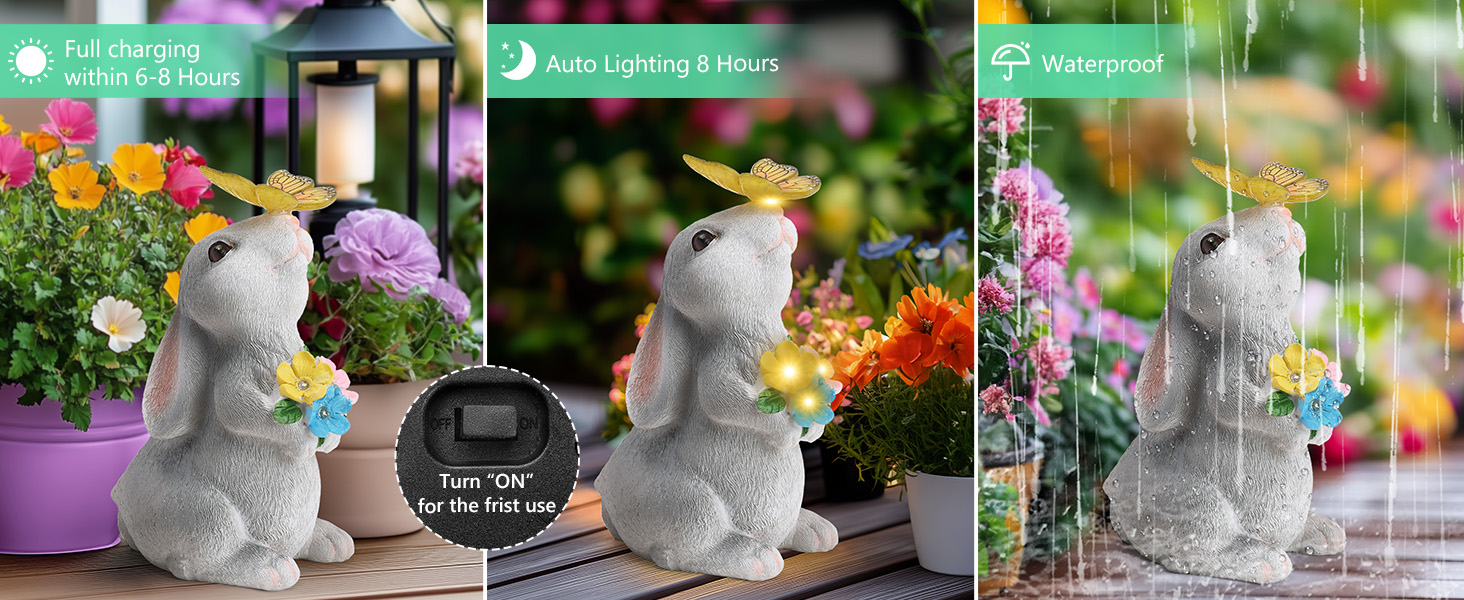 Série de photos de produits montrant des lapins de jardin décoratifs en blanc, placés parmi des fleurs et des espaces extérieurs.