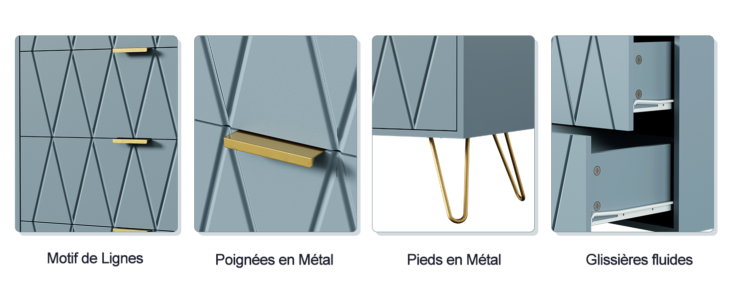 Le texte se lit comme suit : « Motif es Lignes », « Polygones en Métal », « Pécis en Métal », « Classiques Rubis ». Quatre échantillons de motifs géométriques bleu-gris montrant différents détails métalliques et éléments de design.