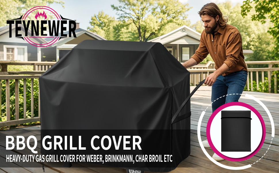 Heavy-duty black BBQ grill cover by Teynewer brand, shown on deck with product inset image, designed for Weber, Brinkmann and char broil grills.