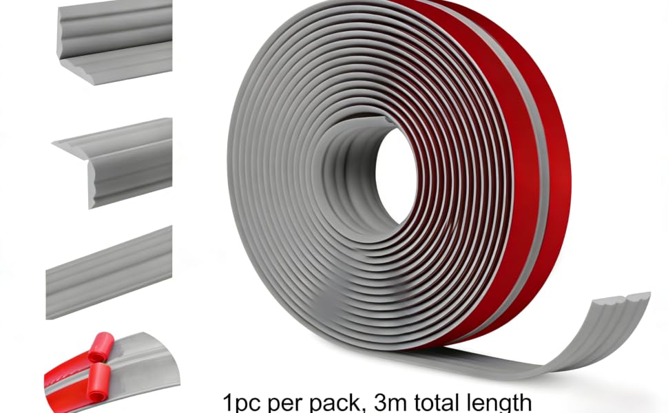 Text reads '1pc per pack, 3m total length'. Gray and red adhesive strip shown in various angles, displayed as coiled and straight sections.