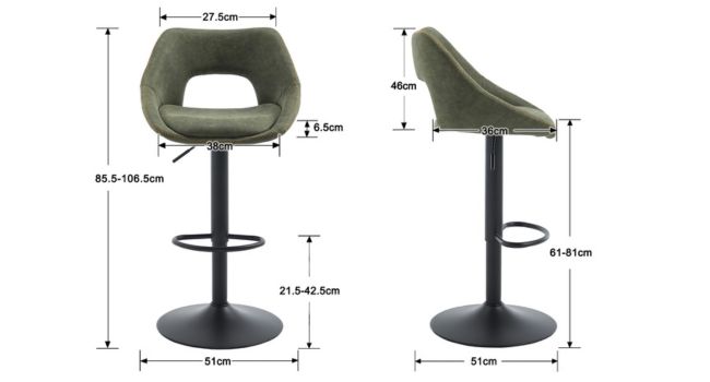 Schéma technique montrant les dimensions et les mesures de ce qui semble être un tabouret ou une chaise sous plusieurs angles, avec des mesures détaillées marquées.