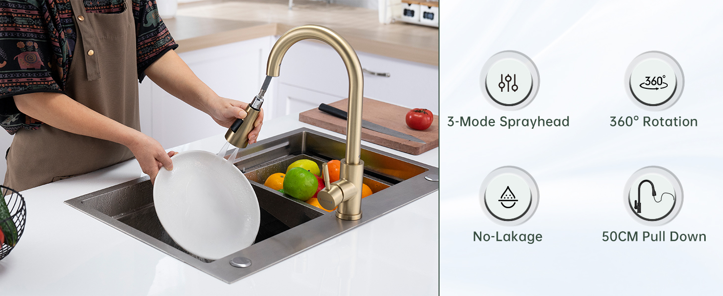 Gold Kitchen Mixer Tap with Pull Out SprayDAYONE Gold Kitchen Mixer Tap with Pull Out Spray