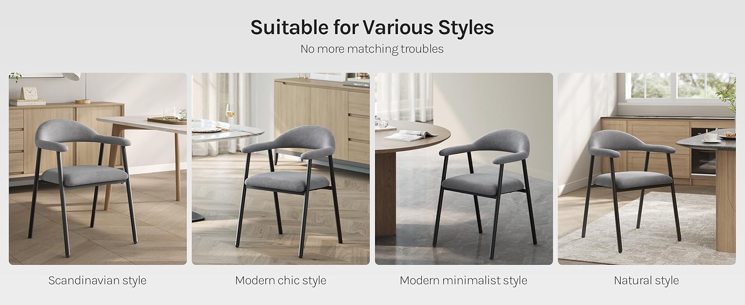 Text reads 'Suitable for Various Styles'. Four different dining chair designs in various finishes (wood, metal, upholstered) shown in interior settings, demonstrating versatile furniture styling options.
