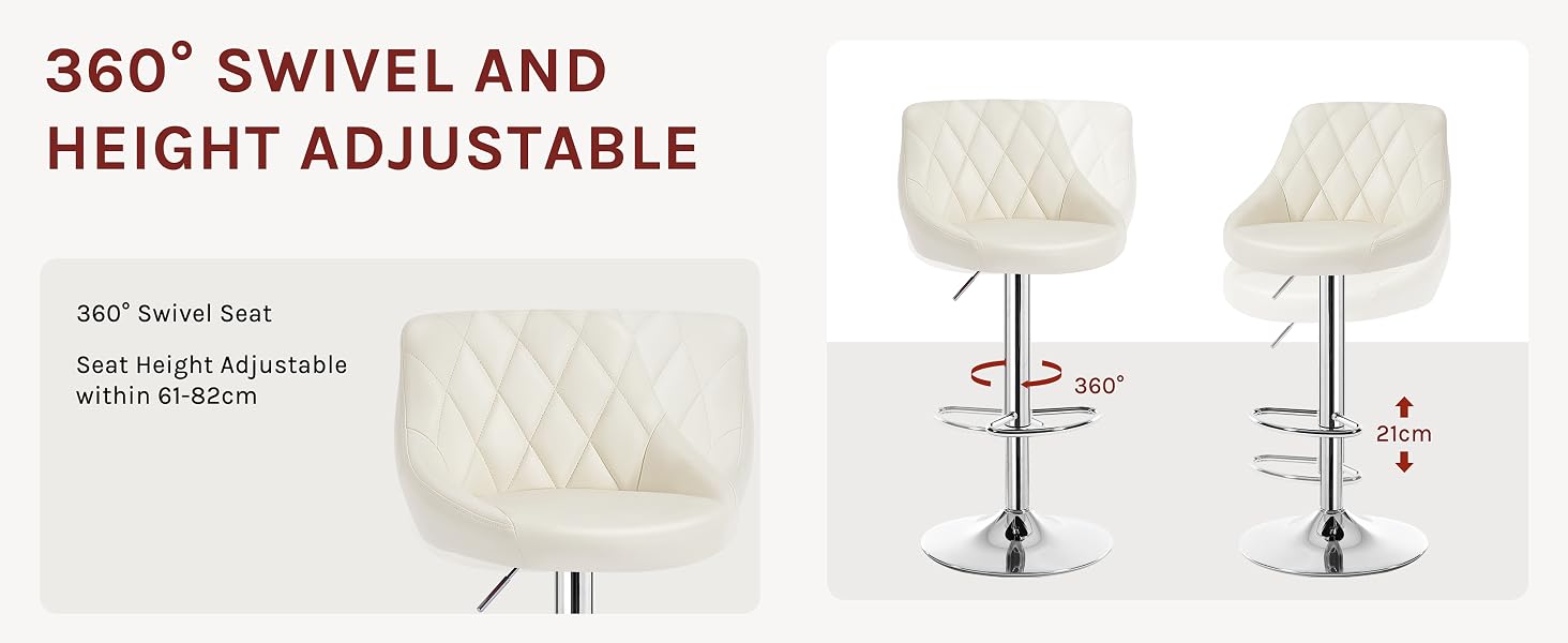 White quilted bar stools with 360° swivel and height adjustment features. Image shows single and paired stools, demonstrating rotation and height adjustment capabilities.