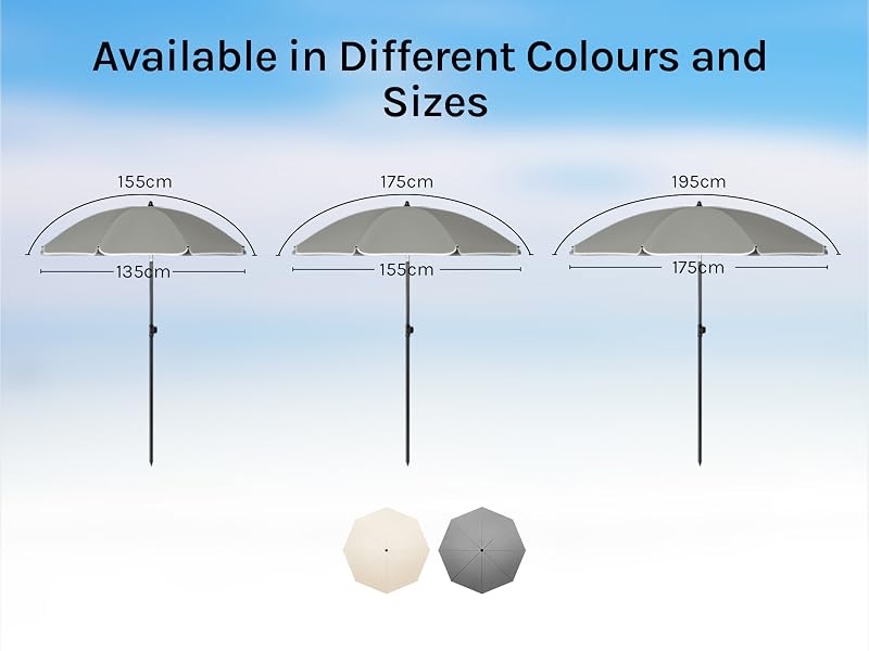 Product size chart showing three dome-shaped measurements ranging from 155cm to 195cm, with white and gray color options displayed below.