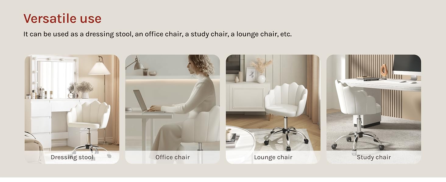 Text reads 'Versatile use'. Four panel demonstration showing white adjustable furniture piece in different positions and configurations in home settings.