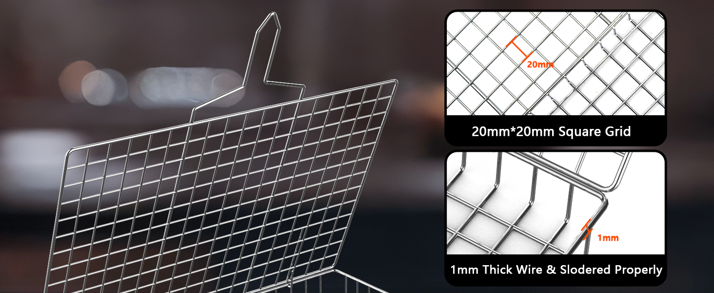 Close-up of a wire mesh grilling grid with square pattern. Technical diagram shows 20mm/20mm space grid specifications and thin wire construction details.
