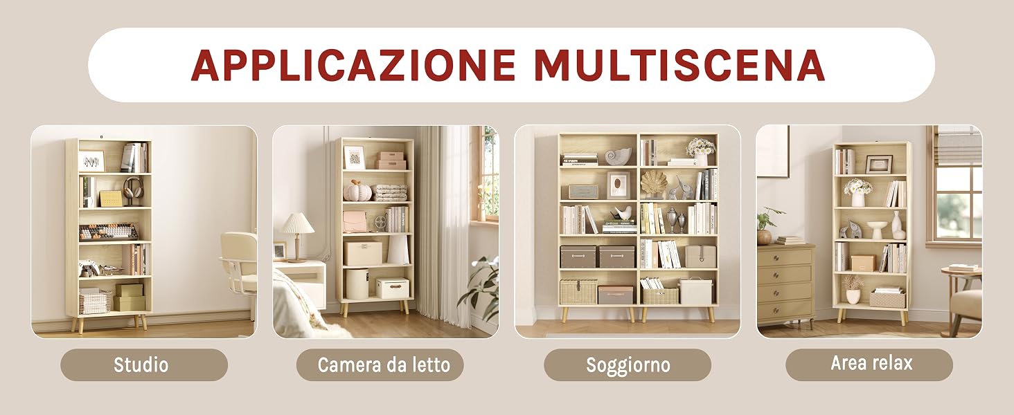 Quattro librerie in legno presentate in diversi ambienti: studio, camera da letto, soggiorno e zona relax. Gli scaffali espongono libri e oggetti decorativi, dimostrando soluzioni di archiviazione versatili