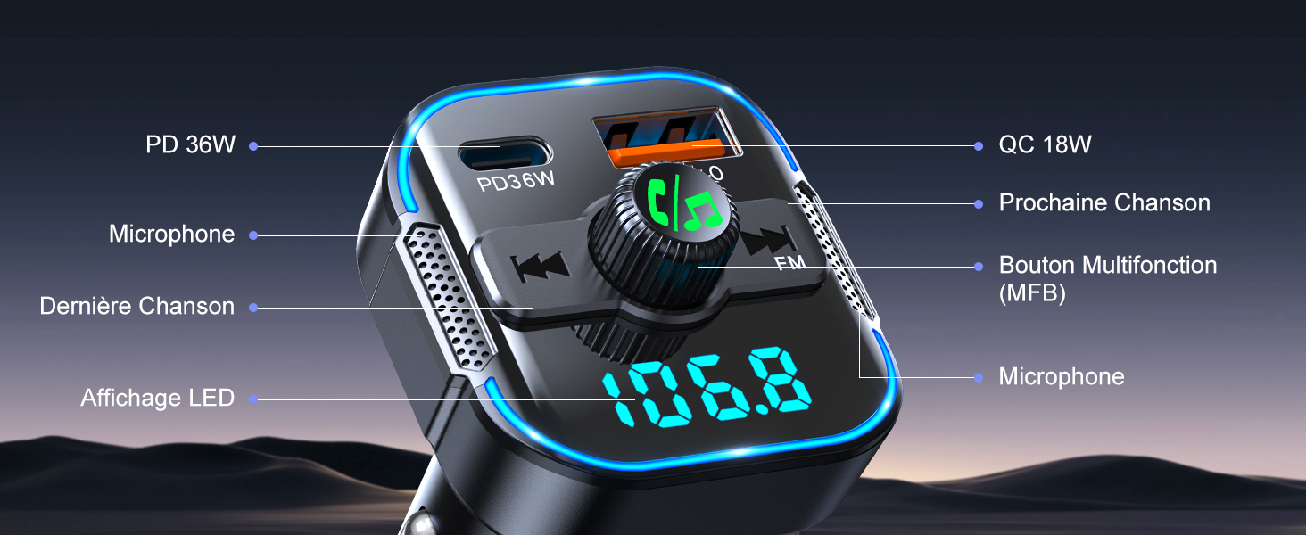 chargeur emetteur prise allume cigare kit main libre bluetooth voiture radio musique connecteur