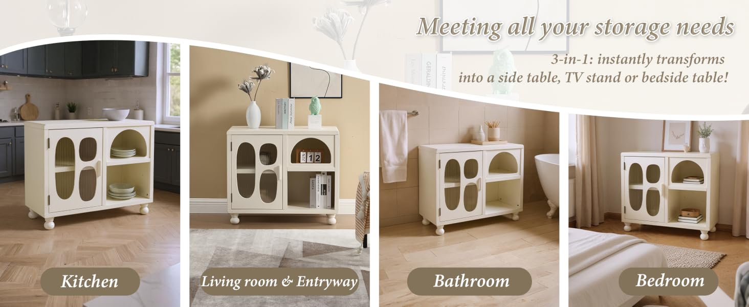 Text reads 'Meeting all your storage needs'. Multiple images showing white cabinet storage solutions with arched designs, displaying various configurations and arrangements.