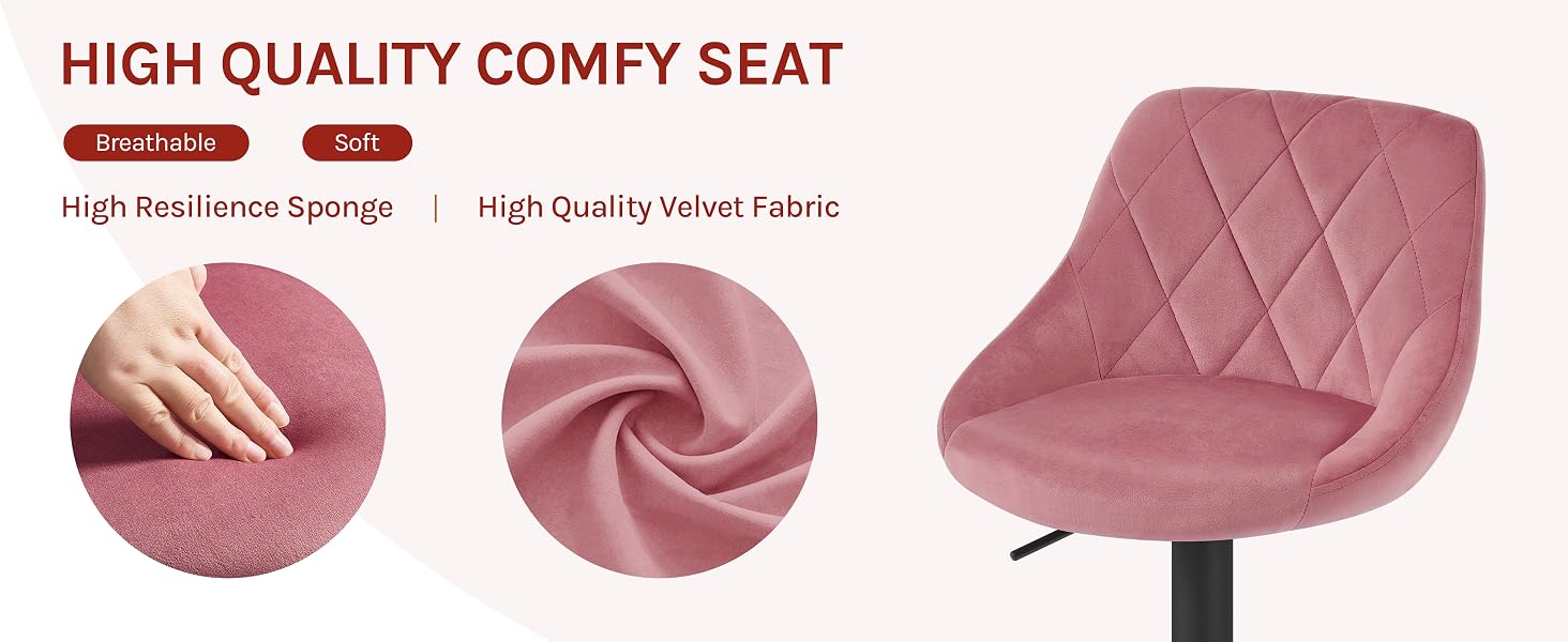 Pink upholstered chair seat with quilted diamond pattern. Close-ups show high resilience sponge and high quality velvet fabric texture.