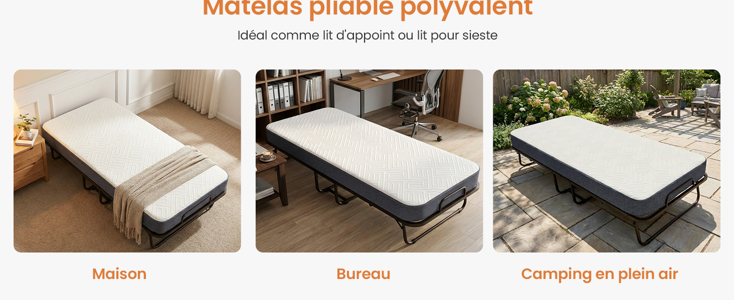 Le texte indique « Matelas pliable polyvalent » avec des images du produit montrant « Maison », « Bureau », « Camping en plein air ». Collage de matelas pliables dans différents environnements.