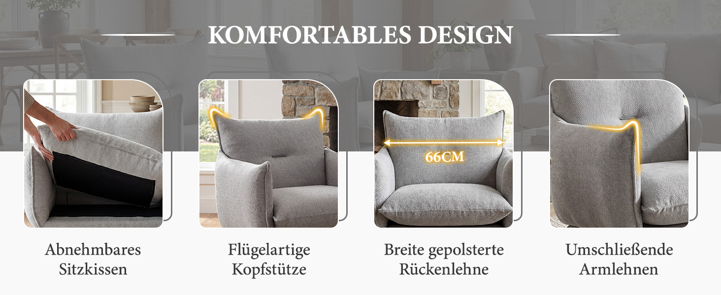 Der Text lautet „KOMFORTABLES DESIGN“ und zeigt vier beschriftete Aufbewahrungsmöbel: „Almohadas removibles“, „Almohadas viscoelastica“, „Cama peraleña“, „Colchones ergonómicos“. Präsentation der Produktlinie mit gepolsterten und ergonomischen Schlafzimmermöbeln.
