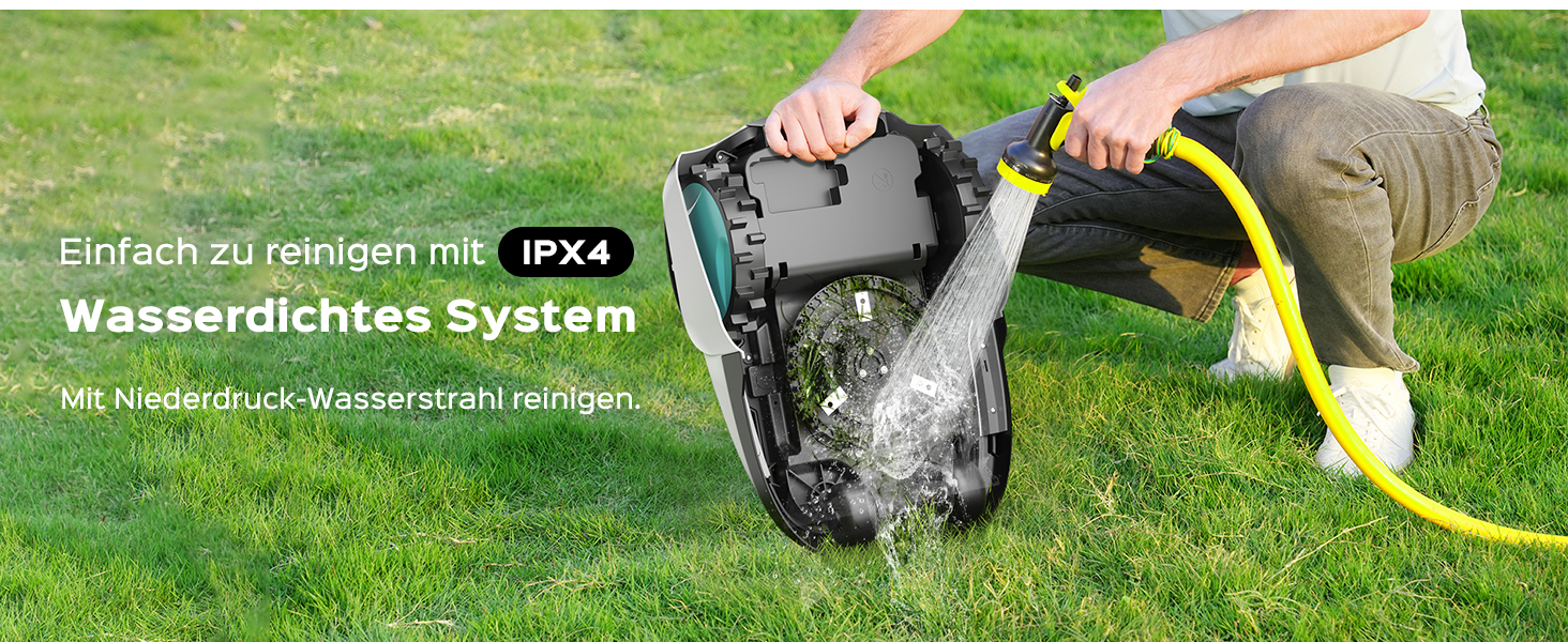Der Text lautet „Wasserdichtes System“ und „IPX4“. Bilderserie, die die Prüfung der Wasserdichtigkeit von Outdoor-Geräten vor Grashintergrund zeigt.