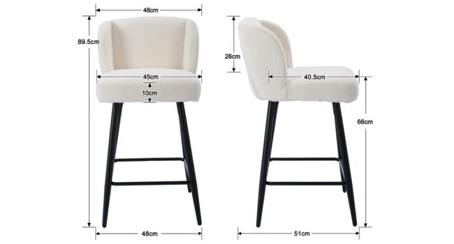 White upholstered bar stool with backrest and black metal legs. Side and front views shown with detailed measurements of height, width, and depth.