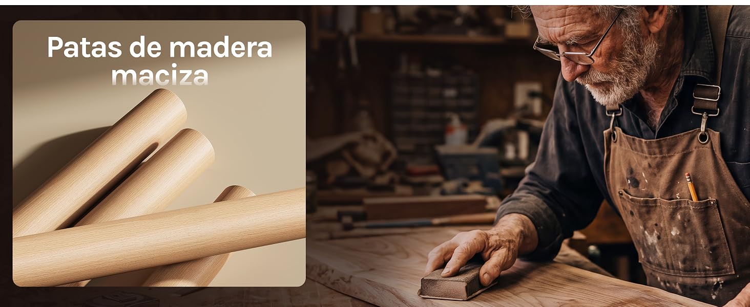 El texto dice «Patas de madera maciza». El lado izquierdo muestra un primer plano de los detalles de las patas y pies de los muebles de madera; el lado derecho muestra a un artesano que trabaja con madera en un taller.