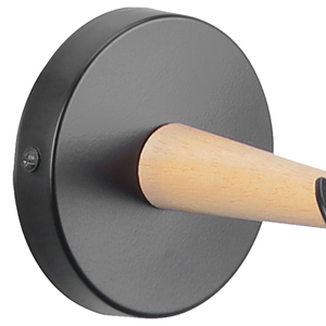 avec base ronde en métal noir et piquet cylindrique en bois, idéal pour suspendre des objets lumineux.