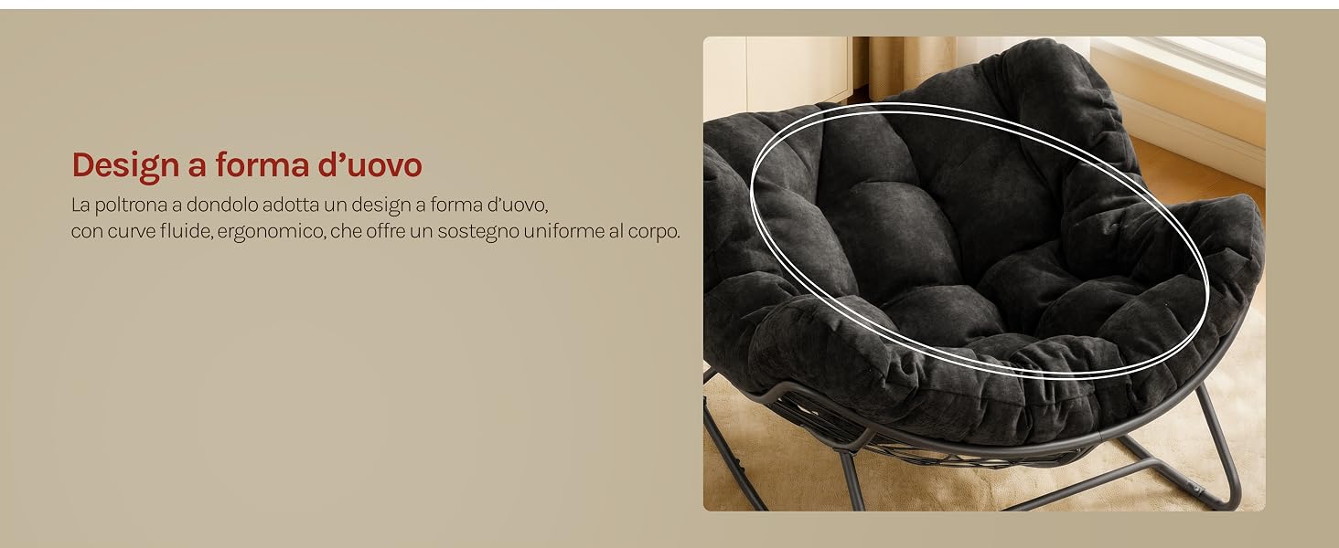 Il testo recita «Designs e forma d'uso» con testo francese parziale visibile. Bacino o contenitore rotondo trapuntato nero raffigurato su sfondo beige con informazioni sul prodotto.