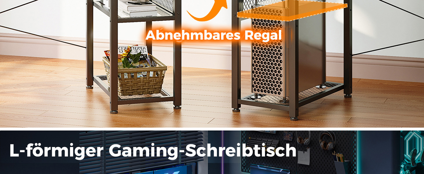 Nahaufnahme des Aufbewahrungsfachs eines L-förmigen Gaming-Schreibtisches mit am Rahmen befestigten Metallgitterkörben zur Aufbewahrung von Gaming-Zubehör
