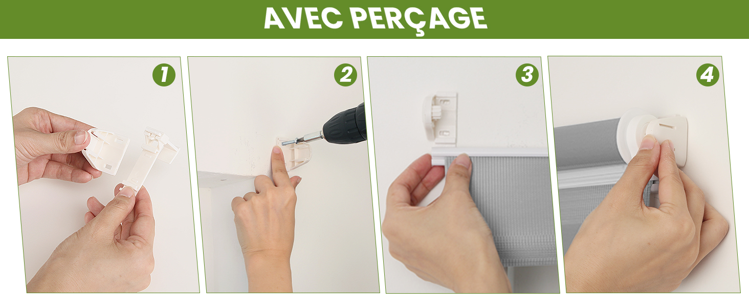 Panneau d'instructions en quatre étapes montrant des mains illustrant le processus de montage mural, avec en-tête de texte « AVEC PERÇAGE »