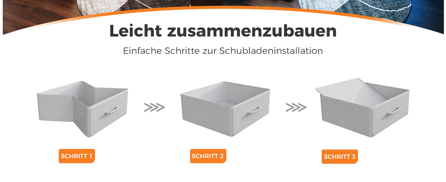 Dreistufige Montageanleitung für eine weiße Aufbewahrungsschublade. Die Bilder zeigen den Übergang von der flach verpackten Schublade zur vollständig zusammengebauten Schublade
