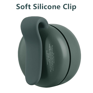 Le texte indique « Clip en silicone souple ». Plusieurs vues d'un clip ou d'un support en silicone vert foncé sous différents angles sur fond blanc.