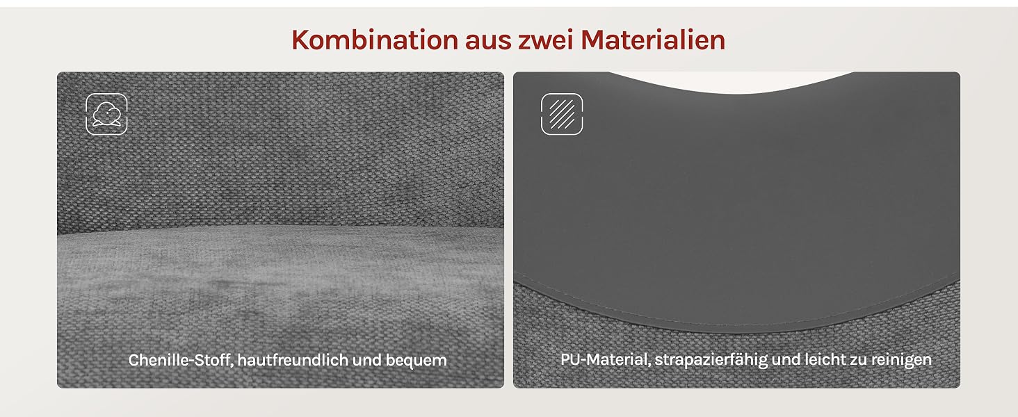Der Text lautet „Kombination aus zwei Materialien“. Geteiltes Bild mit zwei Materialproben: Die linke Seite zeigt eine gewebte Textur mit der Aufschrift „Chenille-Stoff fein tauschlich und besaits“; die rechte Seite zeigt festes dunkles Material mit der Aufschrift „PU-Material strapazierfähig und wetti zu reinigen“.