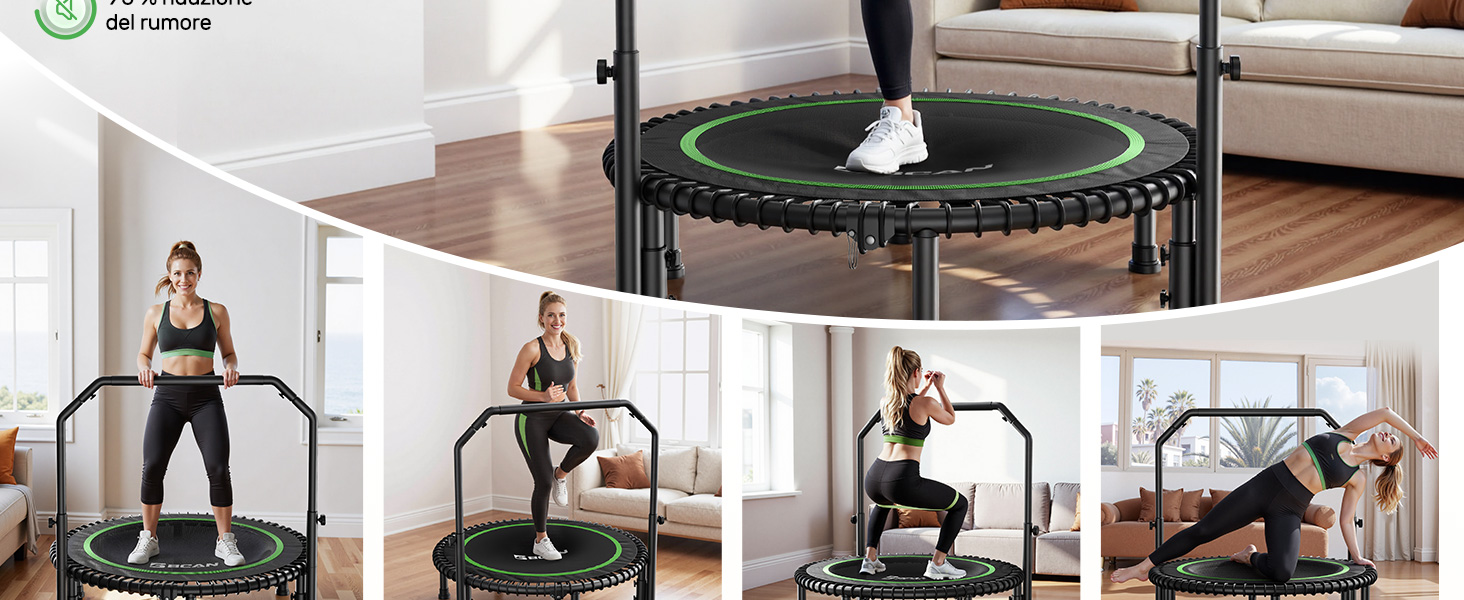 Raccolta di scene di allenamento fitness in uno spazio interno luminoso, che mostrano le posizioni degli esercizi su un materassino con attrezzi per l'allenamento.