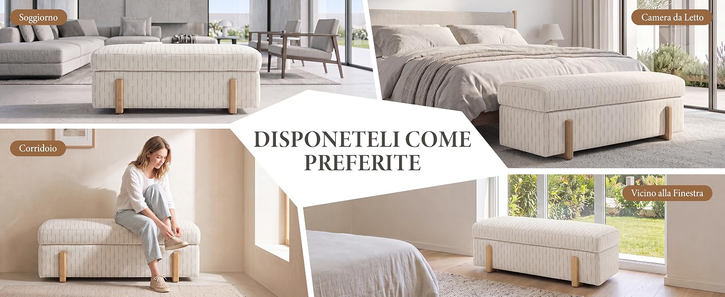 Il testo dice 'DISPONIBILI COME PREFERITE'. Le immagini mostrano mobili imbottiti beige/crema, tra cui divano, poltrona e pouf, con una donna che dimostra comfort.