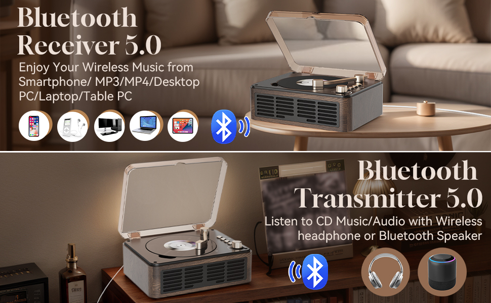 de style vintage avec récepteur Bluetooth 5.0 et capacités d'émetteur. Peut se connecter à différents appareils pour la lecture audio sans fil.