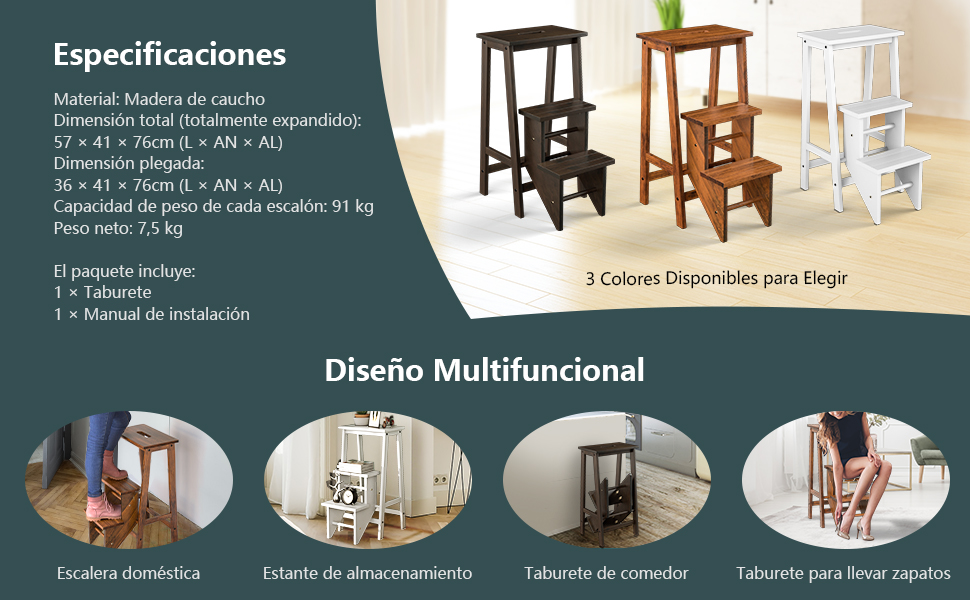 COSTWAY Escalera Plegable, Silla Escalera de Madera de 3 Peldaños, Taburete  Escalera, Multifunción Escalera Banqueta Taburete Estantería Escalón para