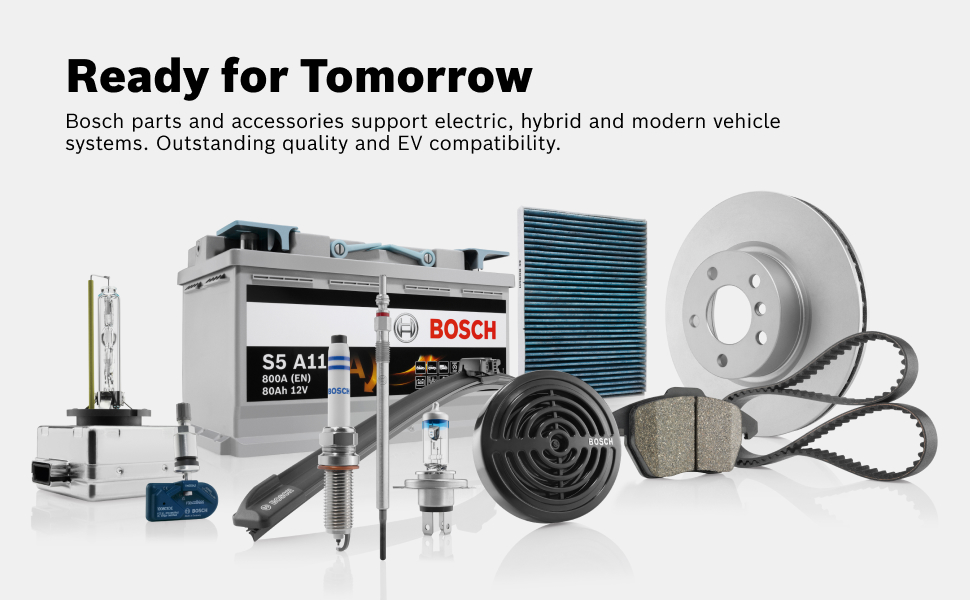 Text reads 'Ready for Tomorrow' and ' parts and accessories support electric, hybrid and modern vehicle systems. Outstanding quality and PV compatibility.' Banner showing automotive parts and components in white/gray tones.