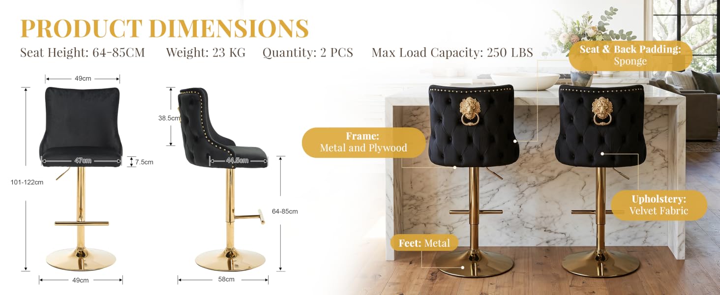 Text reads 'PRODUCT DIMENSIONS' with measurements for various items. Black furniture pieces shown including chair, stool, and cylindrical poufs with gold accents. Room setting display with decorative items and measurements indicated.