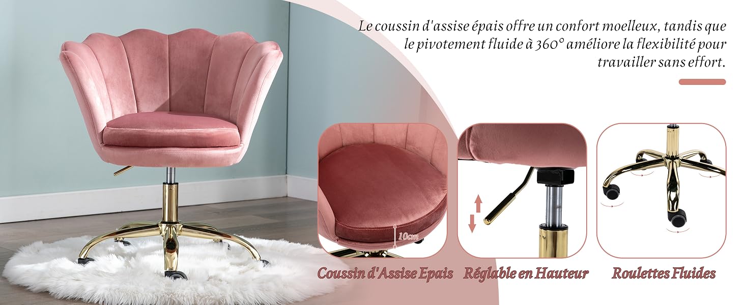 Plusieurs vues d'une chaise de bureau en velours rose avec base roulante, montrant différents angles et caractéristiques du meuble.