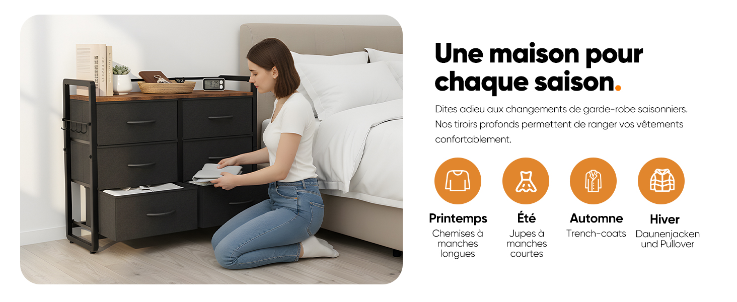 Le texte indique « Une maison pour chaque saison » (Une maison pour chaque saison) avec des icônes saisonnières. Montre une scène d'intérieur avec un mobilier moderne et des éléments en bois.