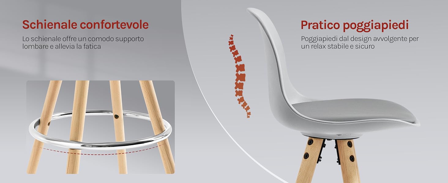 Caratteristiche della sedia moderna. A sinistra: gambe in legno con supporto ad anello in metallo. Centro: grafica a forma di spina dorsale. A destra: sedile curvo con poggiapiedi, che enfatizza comfort e praticità