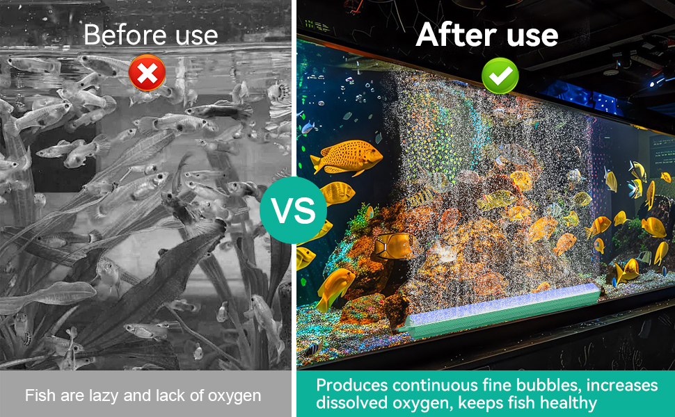 Text reads: 'Before use' and 'After use'. Split image showing murky fish tank vs clear tank with healthy fish. Text indicates 'Produces continuous fine bubbles, increases dissolved oxygen, keeps fish healthy'
