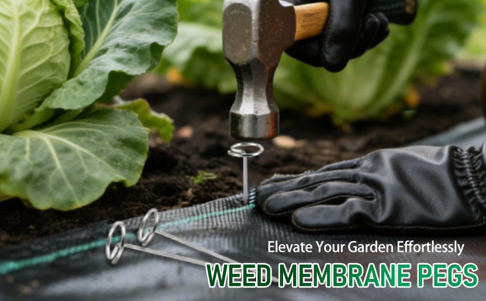Text reads "WEED MEMBRANE PEGS" and "Elevate Your Garden Effortlessly". Close-up of garden tools or implements among green foliage.