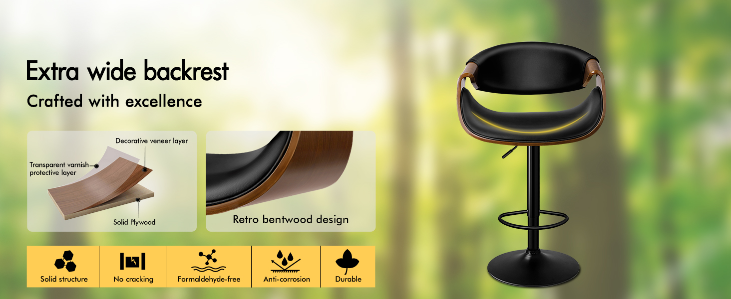 Text reads 'Extra wide backrest! Crafted with excellence'. Product shows black cushioned backrest with ergonomic design and multiple feature icons below.