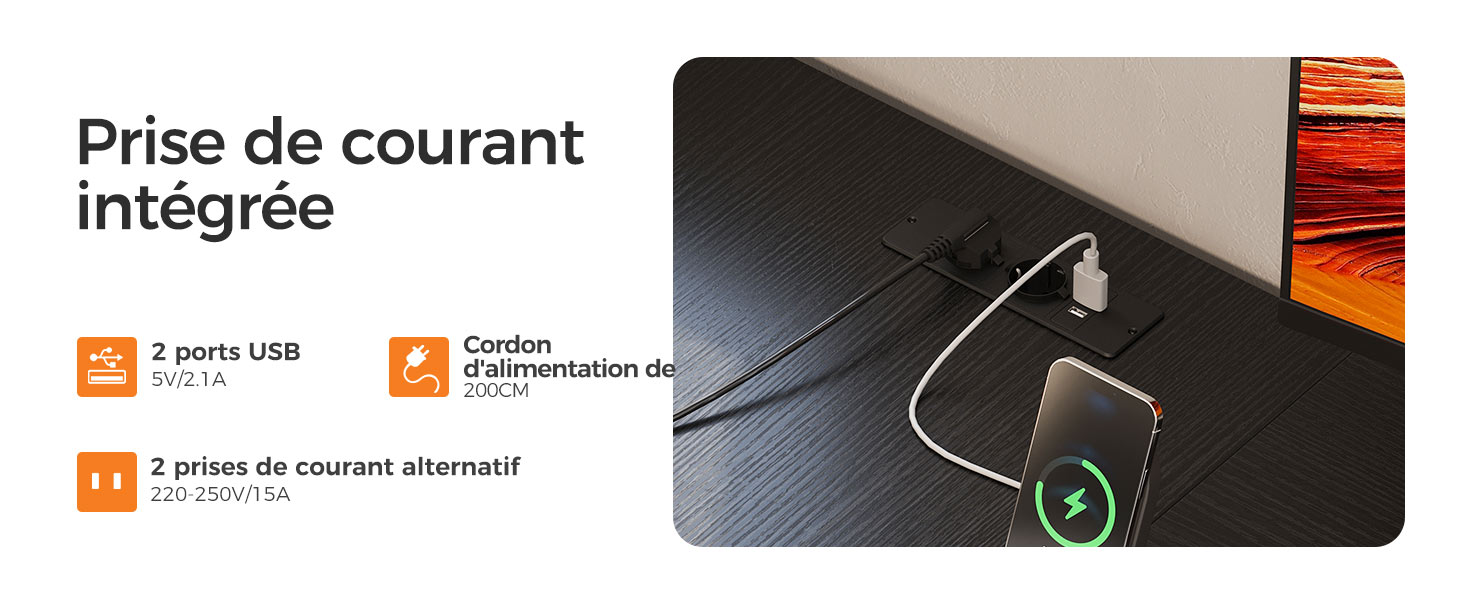 Fonction de prise de courant intégrée. Comprend 2 ports USB, 2 prises secteur et une station d'alimentation du coude. Surface noire avec appareils connectés.