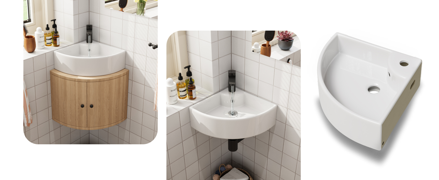 Three images of corner bathroom sinks: two installed with wooden cabinets, and one standalone white porcelain sink, showcasing space-saving design options.