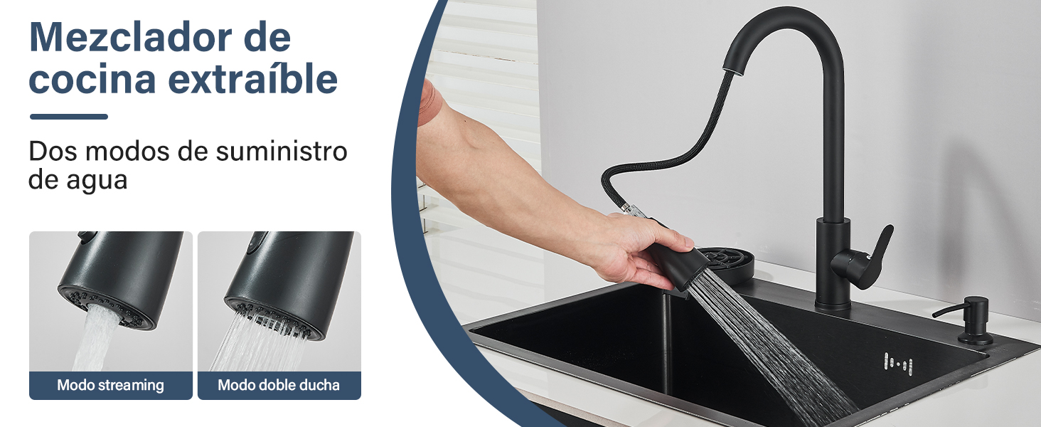 El texto dice «Mezclador de cocina extraíble» que muestra un grifo de cocina negro desplegable con caño flexible sobre fondo blanco. Se indican dos modos de suministro de agua.