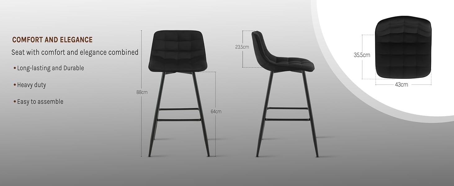 Modern black bar stool with ribbed upholstery and metal legs. Multiple views show front, side, and top perspectives. Dimensions and comfort features are indicated.