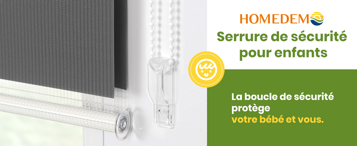 pour tiroirs ou armoires. Dispositif en plastique transparent illustré installé sur une surface blanche.