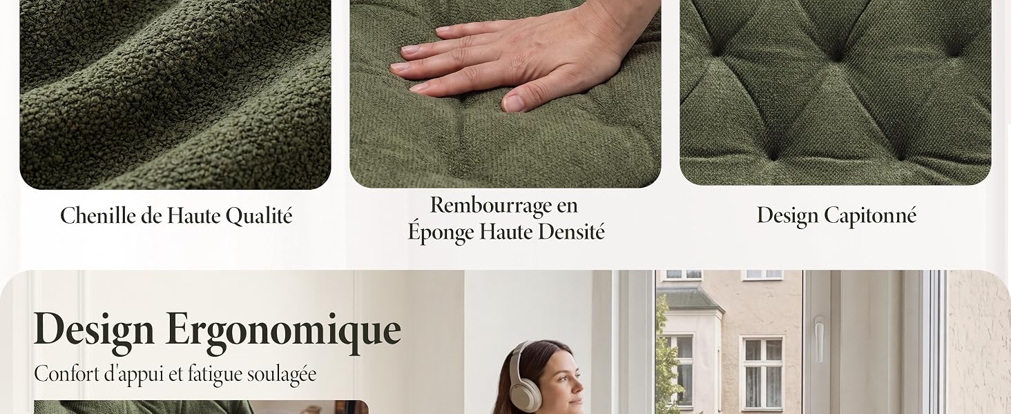 Le texte indique « Chemiteak | Haut-Qualité », « Reißverschluss im Einsatz Haute densité », « Design Ergonomique » et « Confort dépris is foliage couture ». Gros plans de la texture du tissu matelassé, du matériau pressé à la main, d'une fenêtre avec motif, d'une femme portant un détail de vêtement.