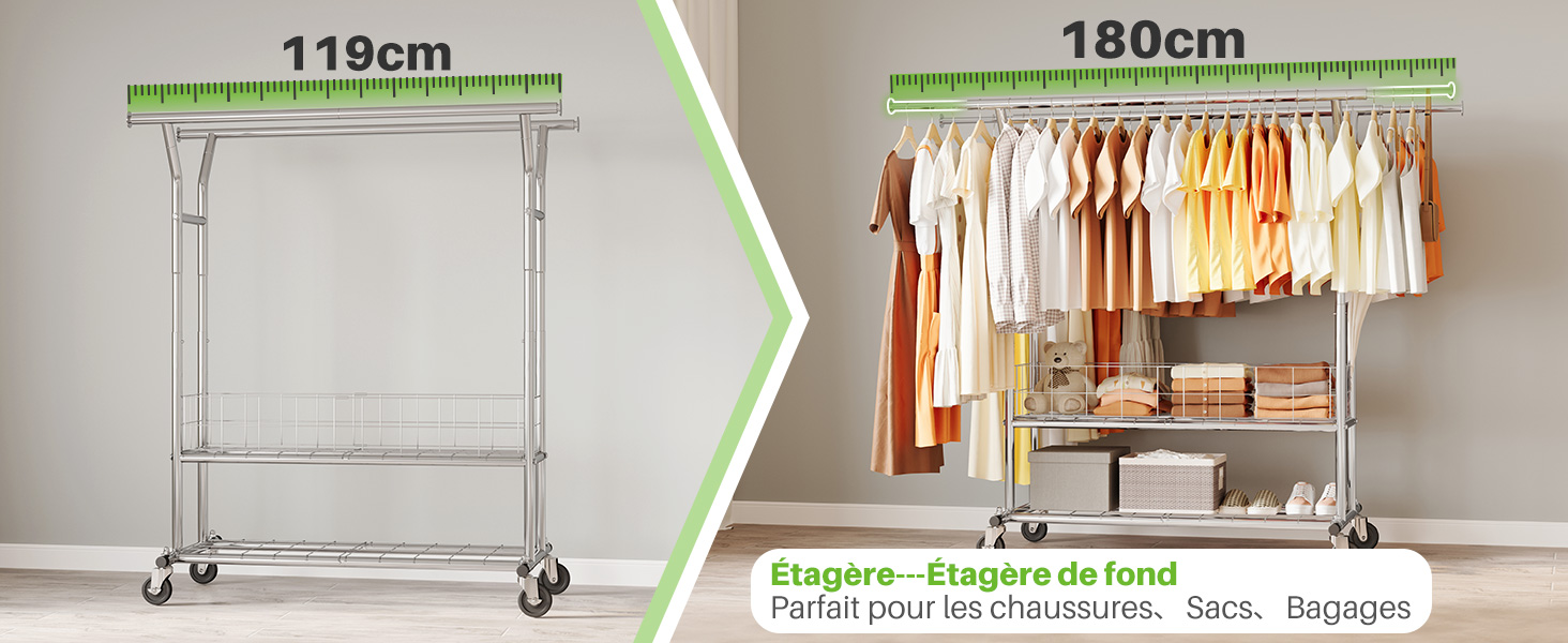 Le texte indique « 110 cm » et « 180 cm » avec le diagramme de mesure indiquant la plage de réglage pour l'équipement ou le meuble.