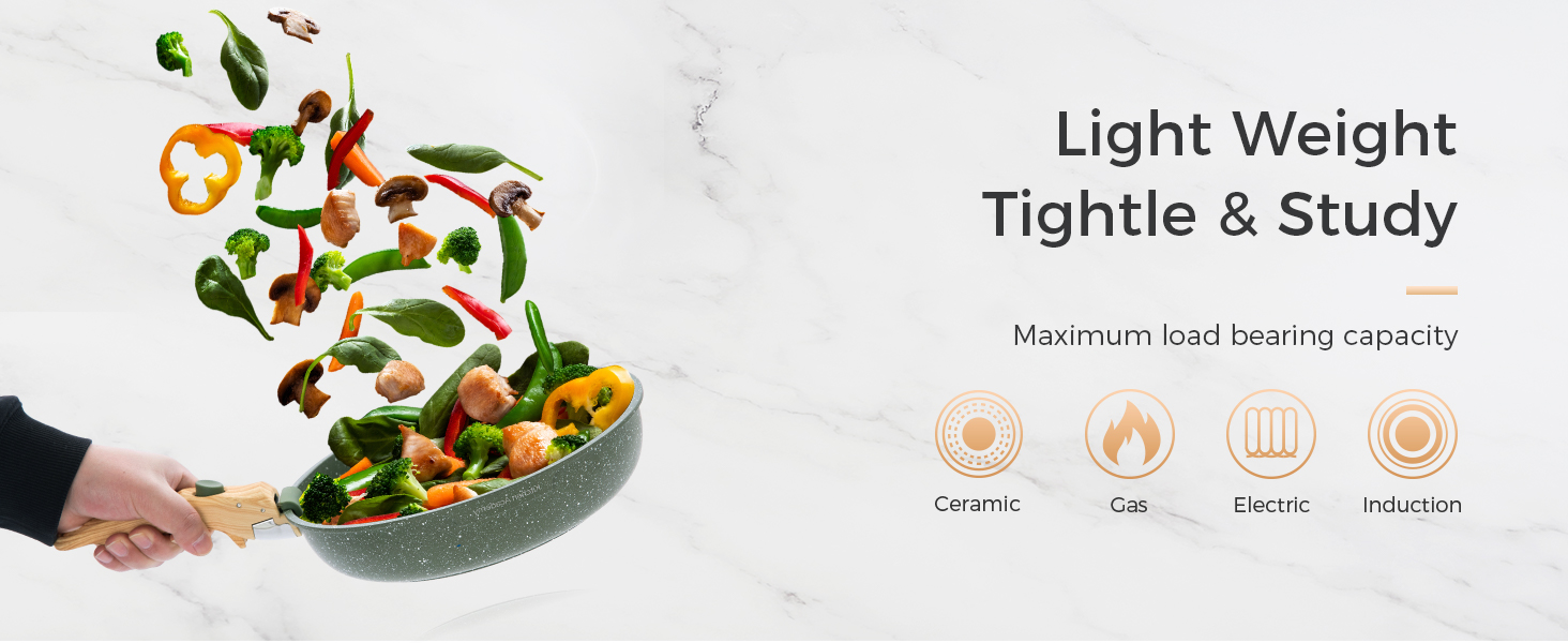 Mélange de légumes colorés mélangés dans un wok ou une poêle, montrant des ingrédients frais en mouvement avec un texte indiquant les caractéristiques de cuisson « légères ».