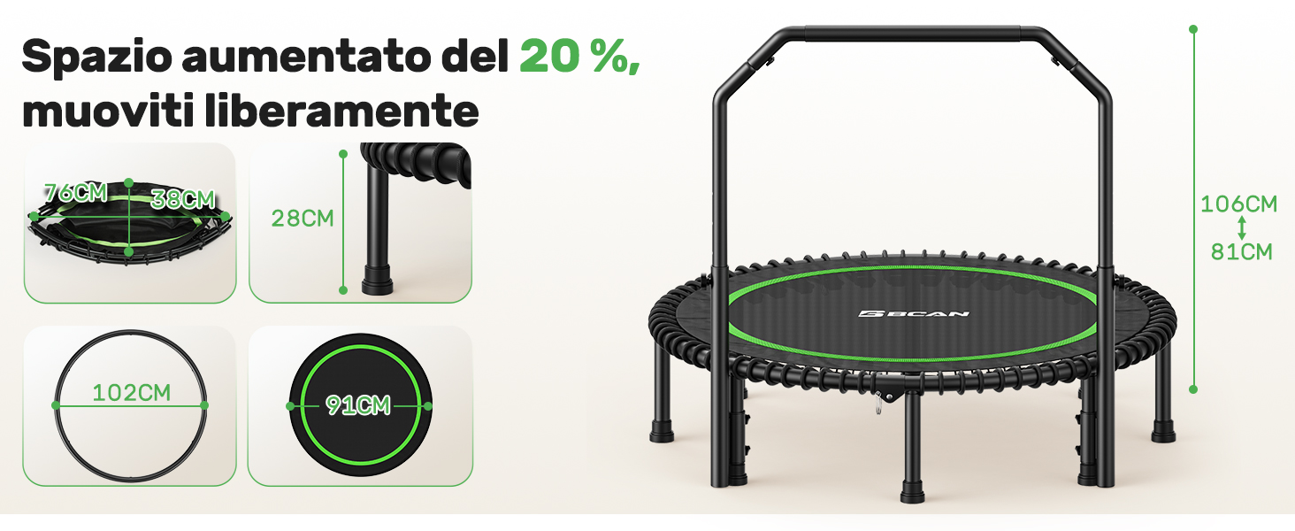 Viste multiple di quello che sembra essere un trampolino rotondo o un attrezzo ginnico, mostrate da diverse angolazioni e con immagini dettagliate.