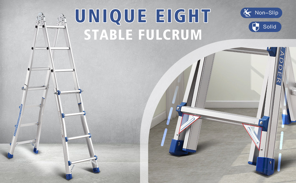 Scala multiposizione in alluminio con accenti blu. Presenta il marchio «Unique Eight», il design «Stable Fulcrum» e una struttura solida e antiscivolo. Viene mostrata una configurazione completamente estesa e graduale.